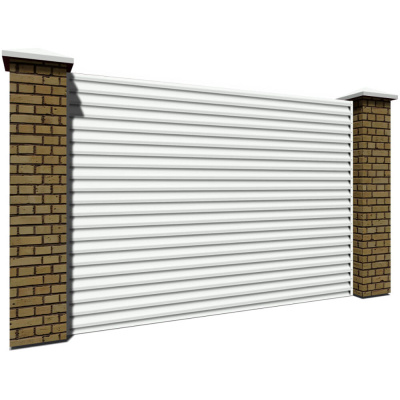 Секция забора жалюзи из ламелей еврожалюзи RAL9003 Белый с кирпичными столбами